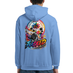 Blue men's hoodie featuring a colorful "Tucked" graphic with a lowered car, palm trees, and sunset design on the back.