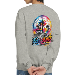 Heather grey sweatshirt back featuring colorful "Full Send" graphic with palm trees, sun, and tire tracks for modified car culture streetwear.