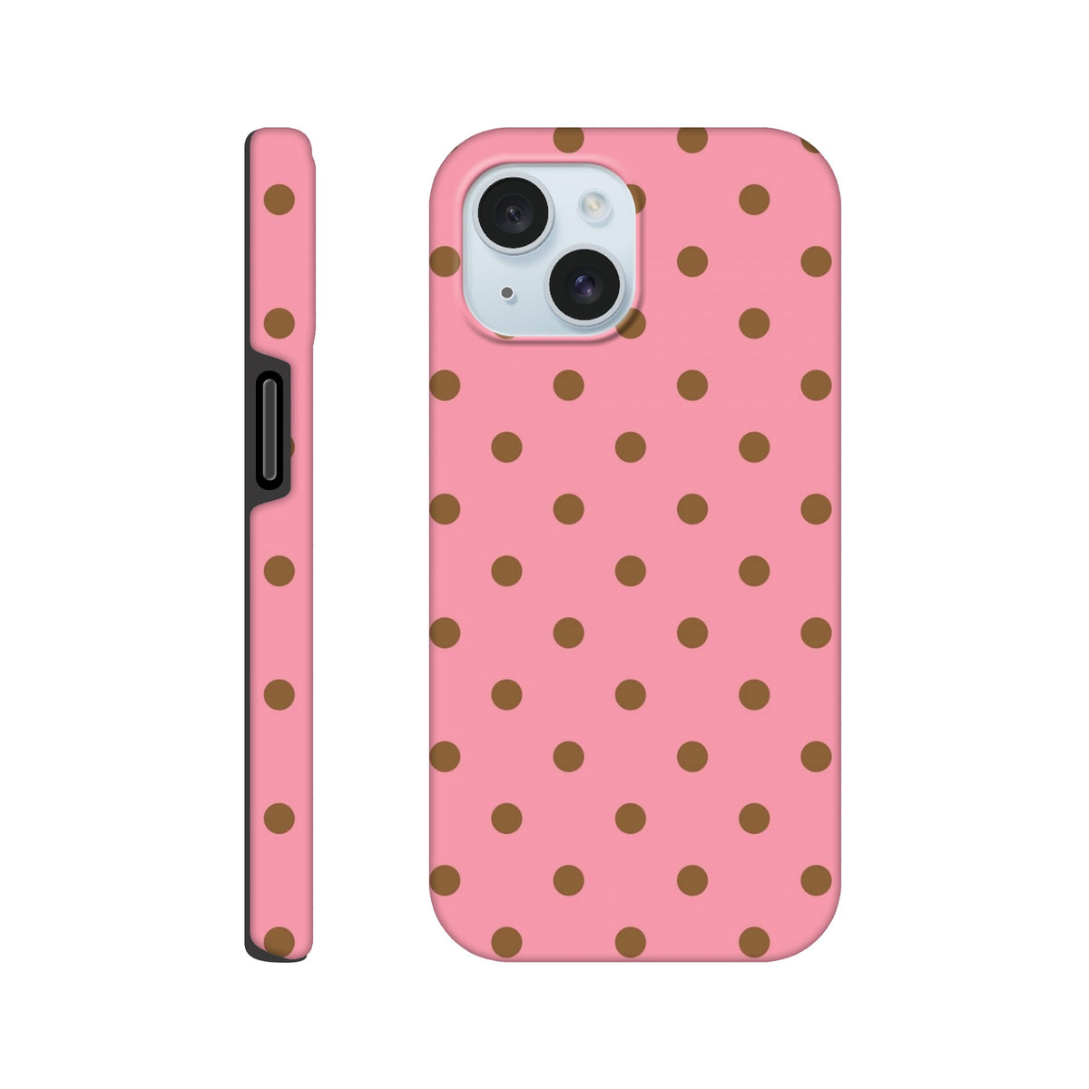 Pink and brown polka dot tough iPhone case with shock-absorbing TPU and glossy finish for cute, durable phone protection.