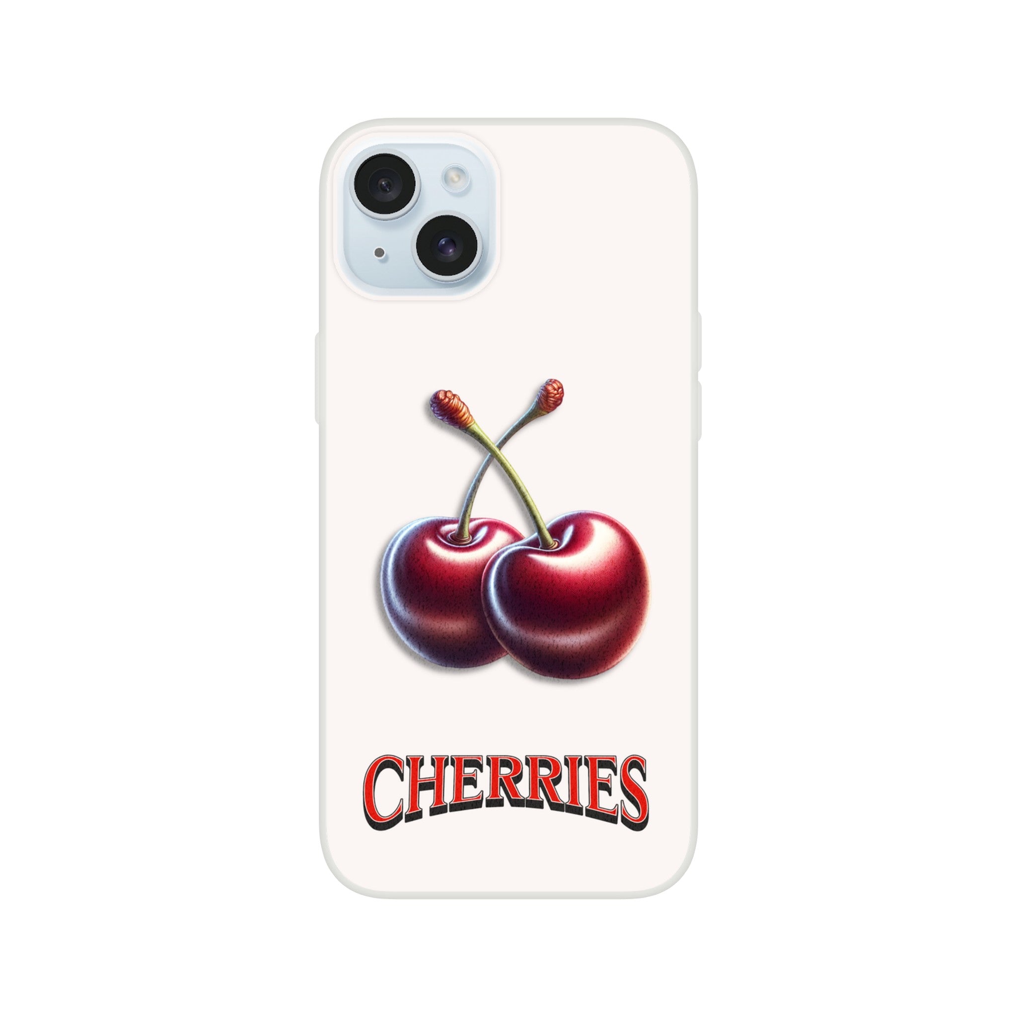 Cherry iPhone case with two red cherries and CHERRIES logo, slim protective cover for iPhone 13–16 Pro