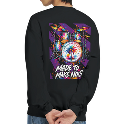 Black sweatshirt back print featuring colorful retro drum kit graphic with palm tree bass drum and "Made To Make Noise" text.