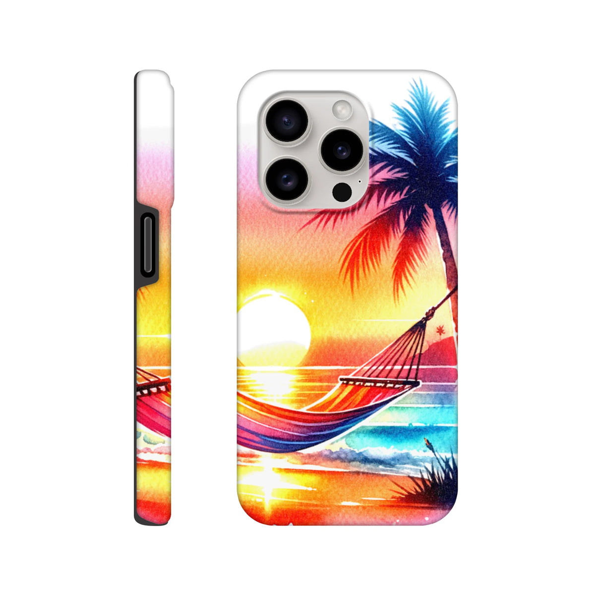 Vibrant tropical sunset iPhone case featuring a palm tree and hammock design over colorful ocean waves.