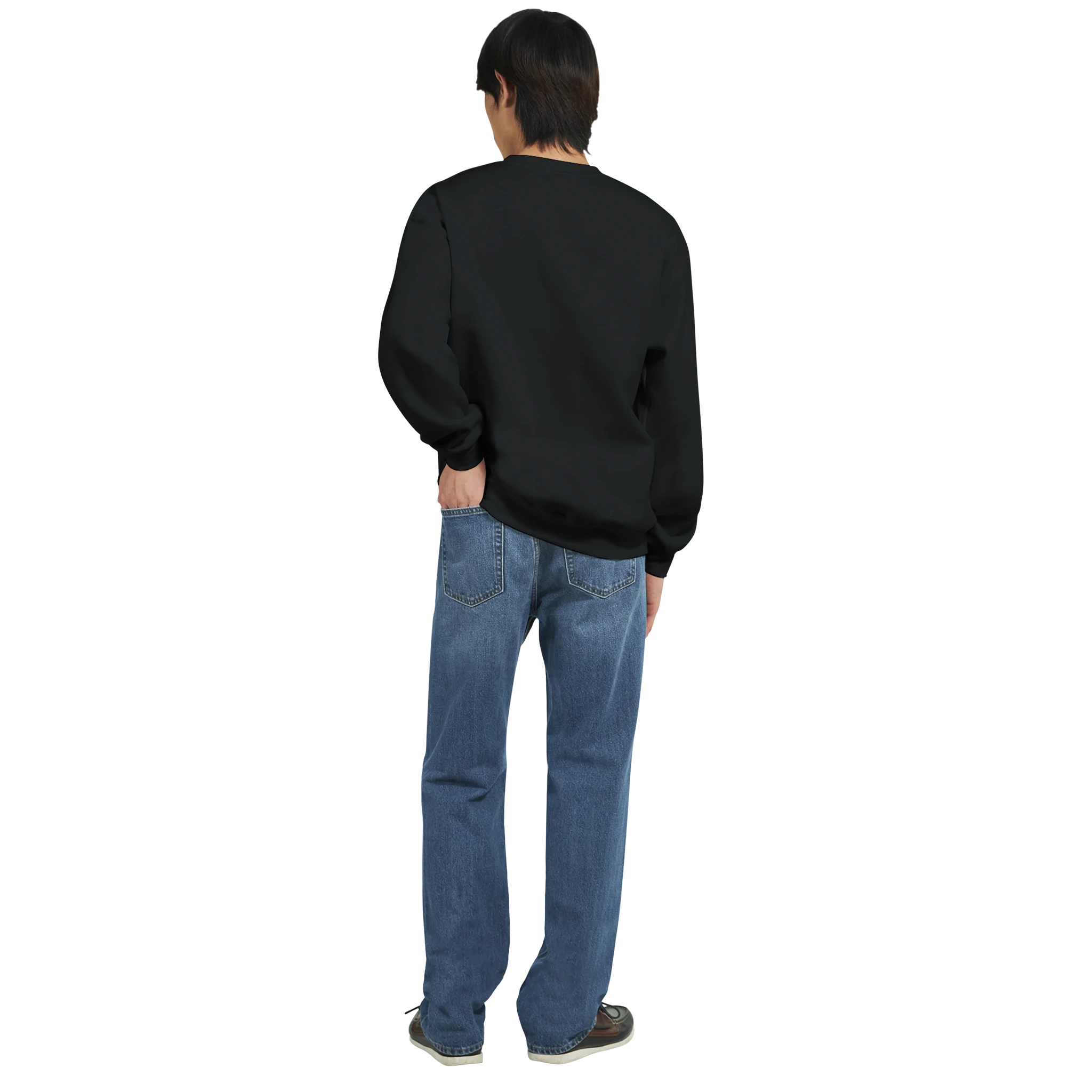 Back view of a person wearing a black Car Jumper JDM sweatshirt and blue jeans.