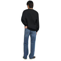 Back view of a person wearing a black Car Jumper JDM sweatshirt and blue jeans.