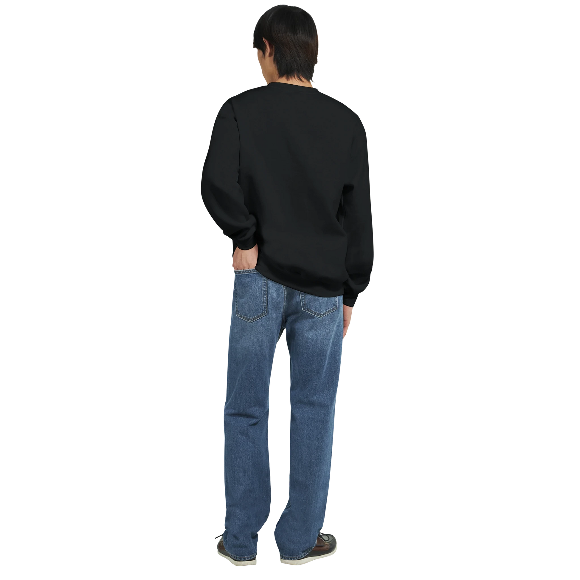 Back view of a person wearing a black Car Jumper JDM sweatshirt and blue jeans.
