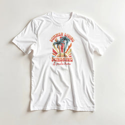 White cotton-blend Palm Trees graphic T-shirt for women with colorful palm trees and sunset rays; sizes S–XL.