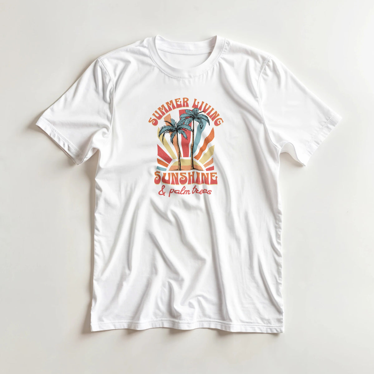 White cotton-blend Palm Trees graphic T-shirt for women with colorful palm trees and sunset rays; sizes S–XL.