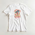 White cotton-blend Palm Trees graphic T-shirt for women with colorful palm trees and sunset rays; sizes S–XL.