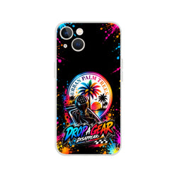 Colorful iPhone case featuring a manual gear shift, retro palm tree sunset, and Drop A Gear text against a neon paint splatter background.