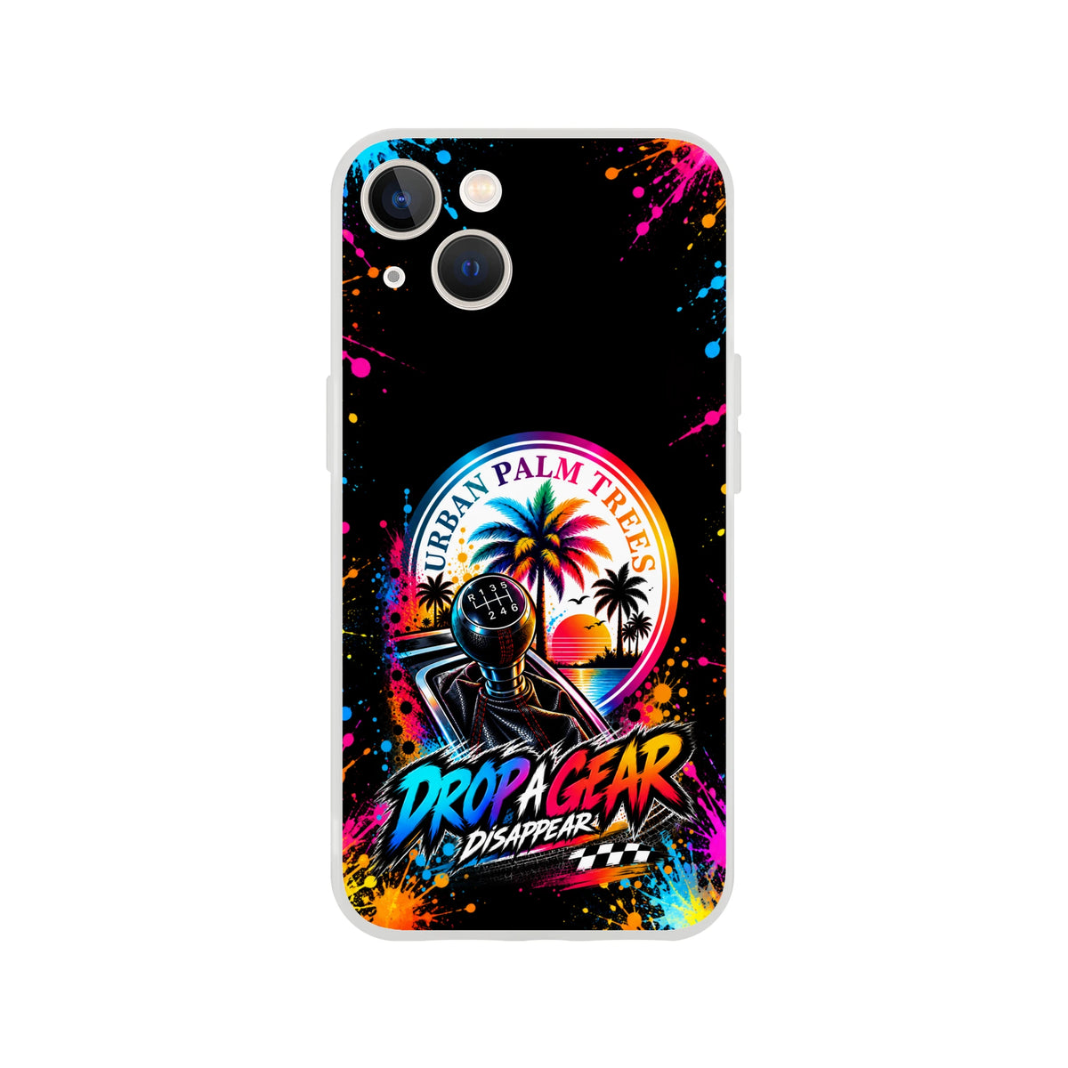 Colorful iPhone case featuring a manual gear shift, retro palm tree sunset, and Drop A Gear text against a neon paint splatter background.