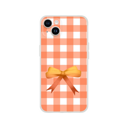 Orange gingham bow iPhone case for iPhone 13–16 with a cute coquette vintage vibe and ribbon accent.