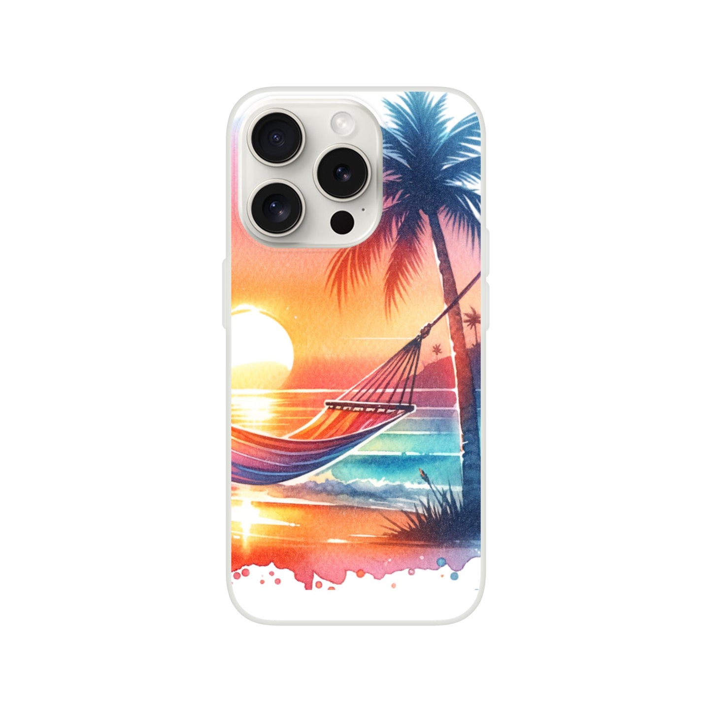 iPhone case with a tropical design featuring a hammock, palm tree, and sunset 6