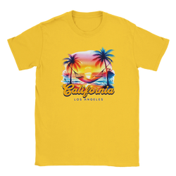 Yellow women's retro California T-shirt with tropical sunset, palm trees, hammock, and Los Angeles text.