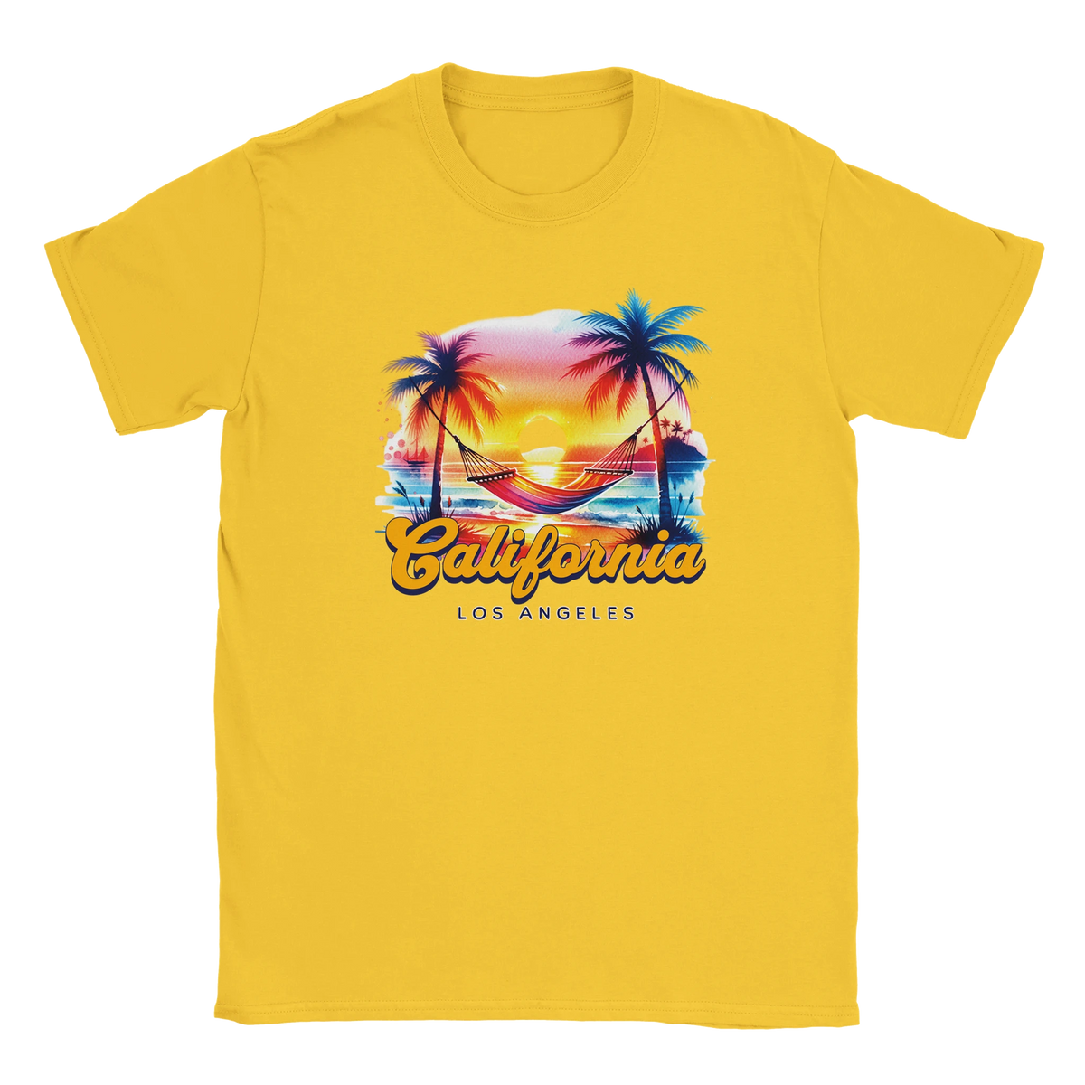 Yellow women's retro California T-shirt with tropical sunset, palm trees, hammock, and Los Angeles text.
