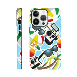 Blue summer holiday sticker effect iPhone case featuring palm trees, sunglasses, vintage cameras, and beach vibes for a festive protective cover.