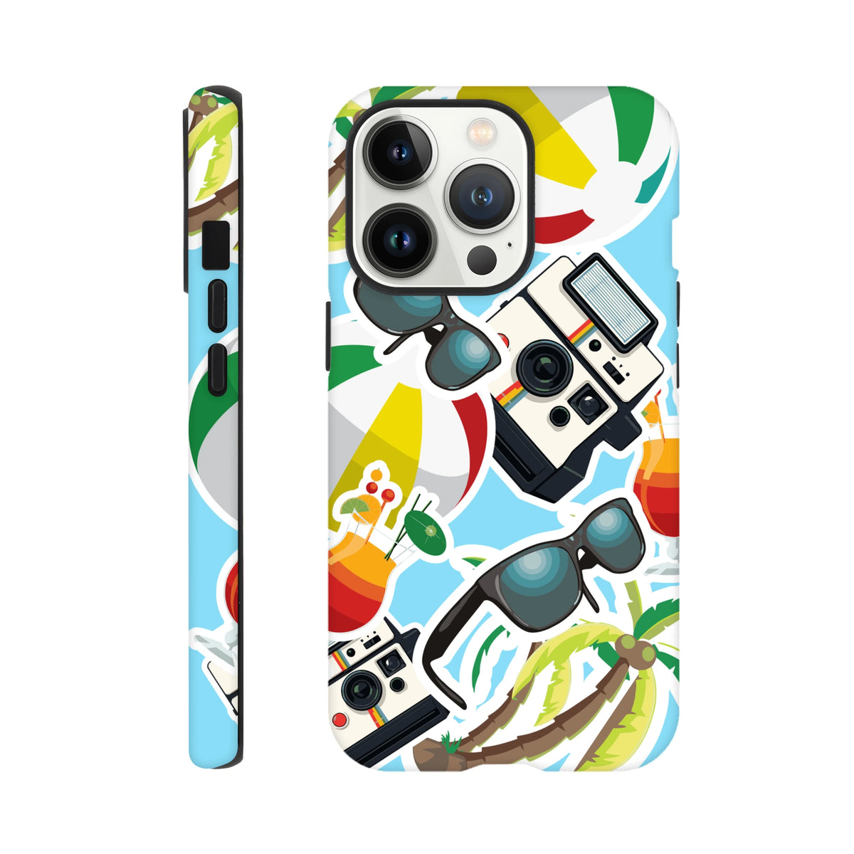 Blue summer holiday sticker effect iPhone case featuring palm trees, sunglasses, vintage cameras, and beach vibes for a festive protective cover.