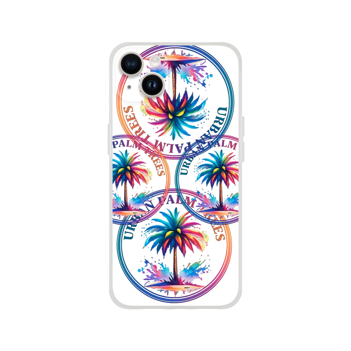 Urban Palm Trees iPhone case (13-16): retro palm trees artwork, matte finish, slim protective TPU cover.