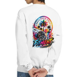 White crewneck sweatshirt back with colorful "Fitment" graphic featuring modified car wheel, palm trees, and urban sunset art.