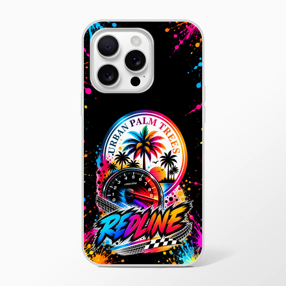 Vibrant Redline car culture iPhone case featuring a tachometer, neon "Urban Palm Trees" graphic, and colorful paint splatters on a black background.