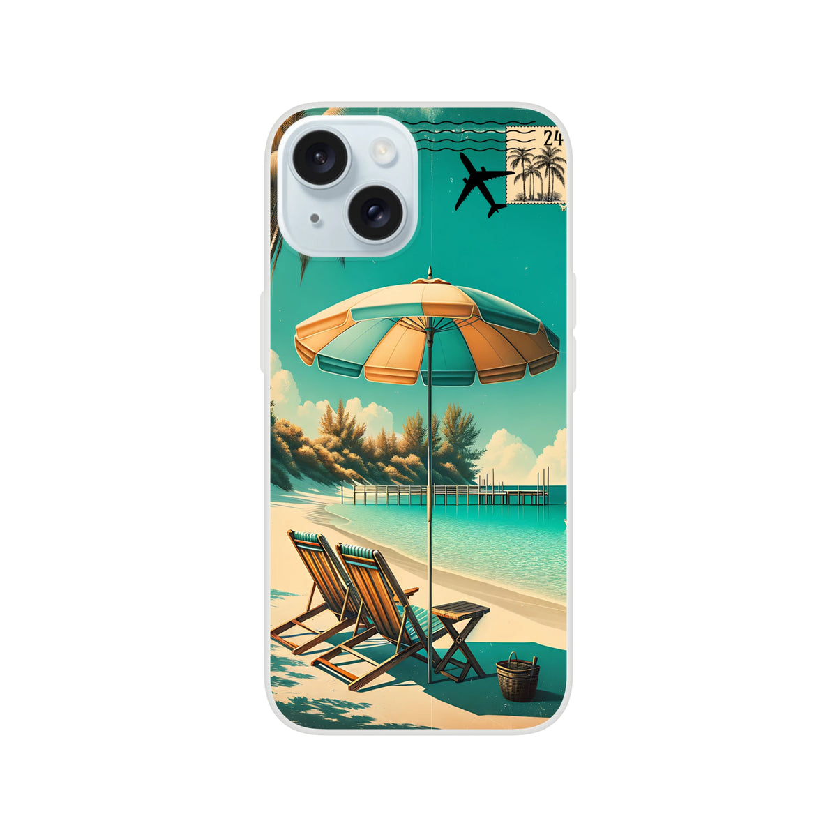 Vintage postcard-style iPhone case with beach scene, palm trees, and holiday aesthetic for iPhone 13–16