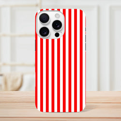 Retro red and white vertical stripe tough iPhone case with wraparound design standing on a wooden surface.
