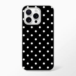 Retro black and white polka dot iPhone case featuring a slim matte TPU shell for impact protection and wireless charging compatibility.