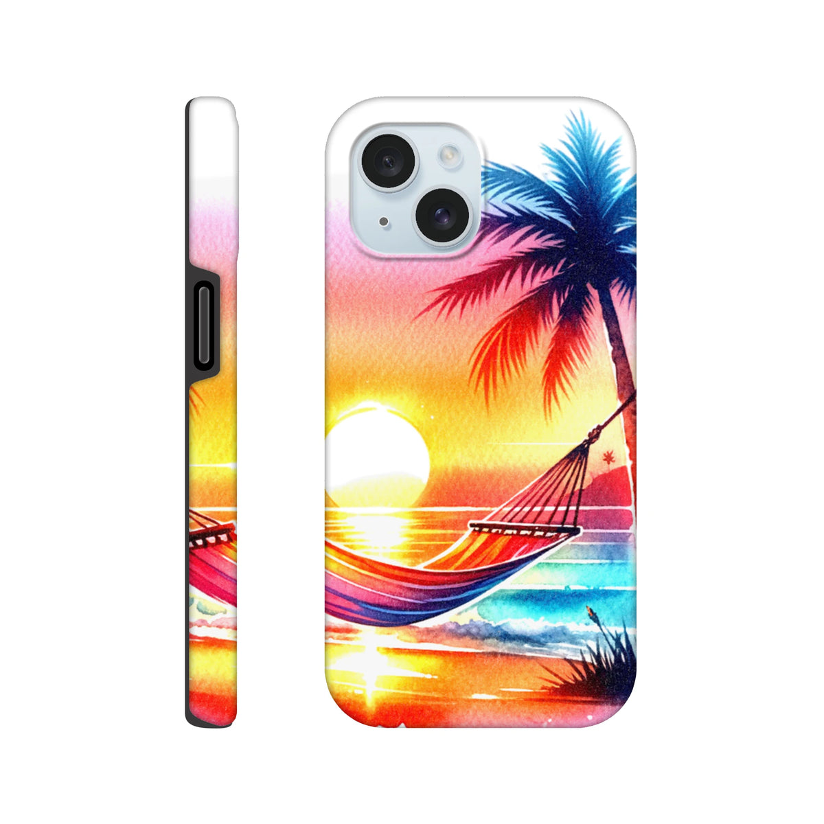 Vibrant tropical sunset iPhone case featuring a colorful palm tree and hammock over the ocean, designed as a tough protective phone cover.