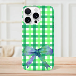 Green gingham iPhone case featuring a iridescent polka-dot bow for a cute coquette streetwear aesthetic.