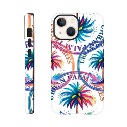 Vibrant urban palm trees iPhone case featuring colorful tropical artwork, bold circular typography, and tough protection for daily city life.