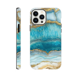 Blue Agate Tough iPhone Case featuring a striking teal and gold marble layout with protective edges for models 13 through 16.