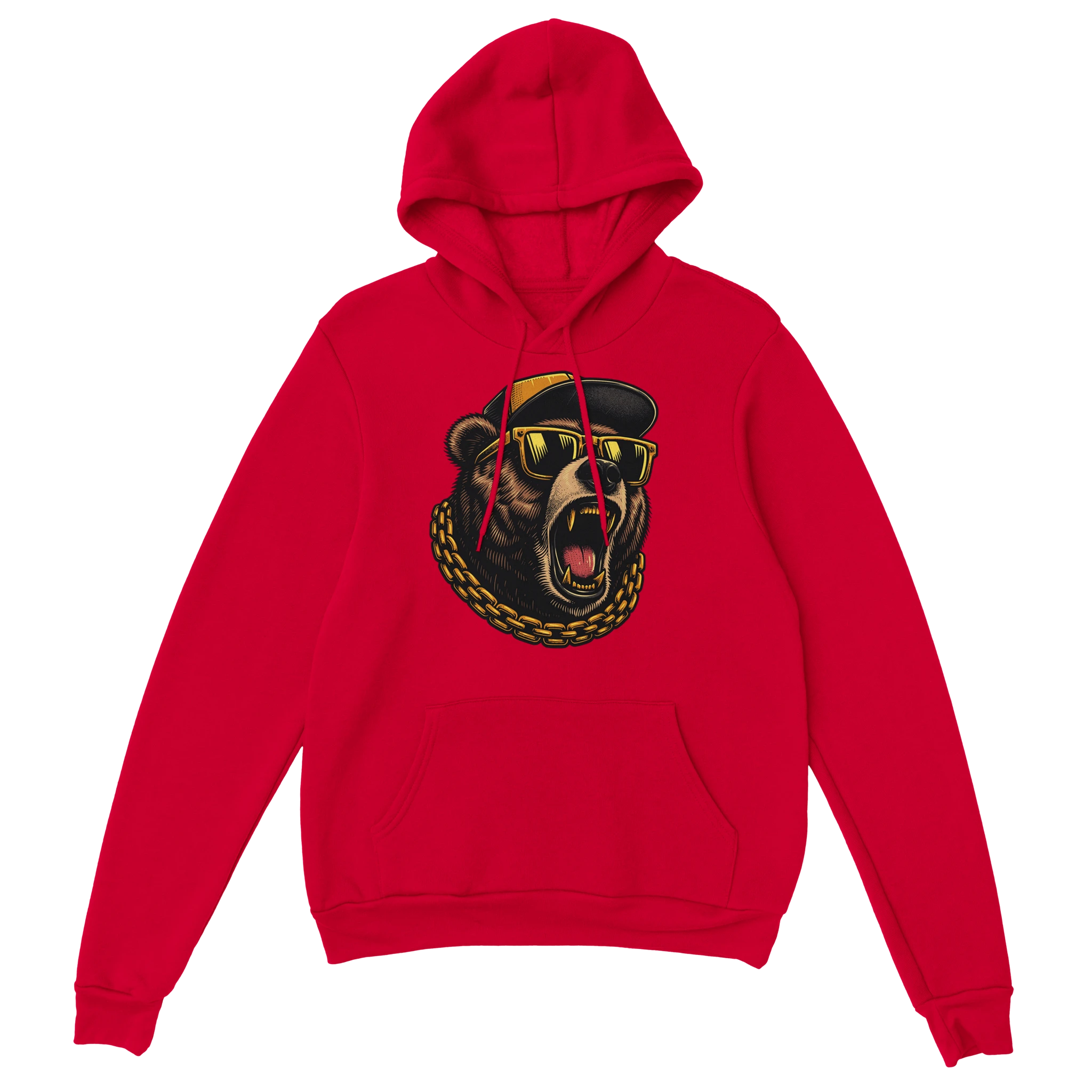 Red men's Grizzly Bear hoodie with a roaring bear graphic wearing sunglasses and a gold chain.