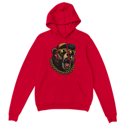 Red men's Grizzly Bear hoodie with a roaring bear graphic wearing sunglasses and a gold chain.