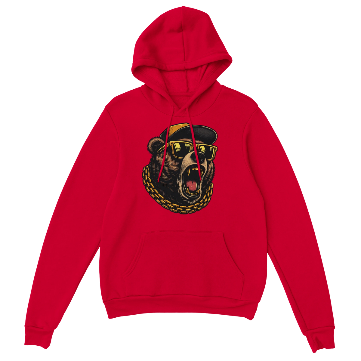 Red men's Grizzly Bear hoodie with a roaring bear graphic wearing sunglasses and a gold chain.
