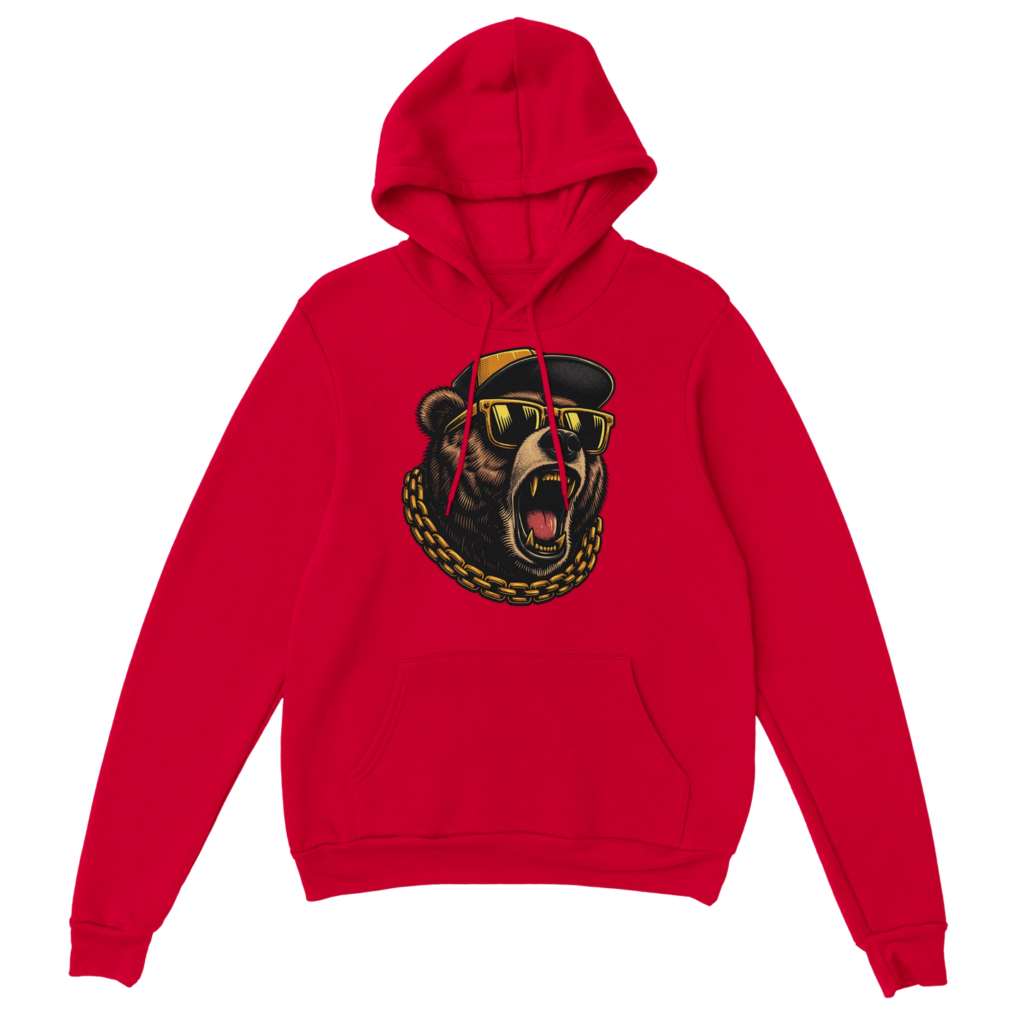 Red men's grizzly bear hoodie with a bear graphic wearing sunglasses on a white background. 1