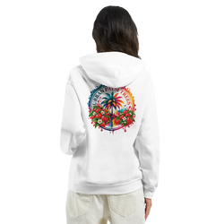 White hoodie featuring a vibrant retro back print of a palm tree encircled by strawberries and "Urban Palm Trees" text.