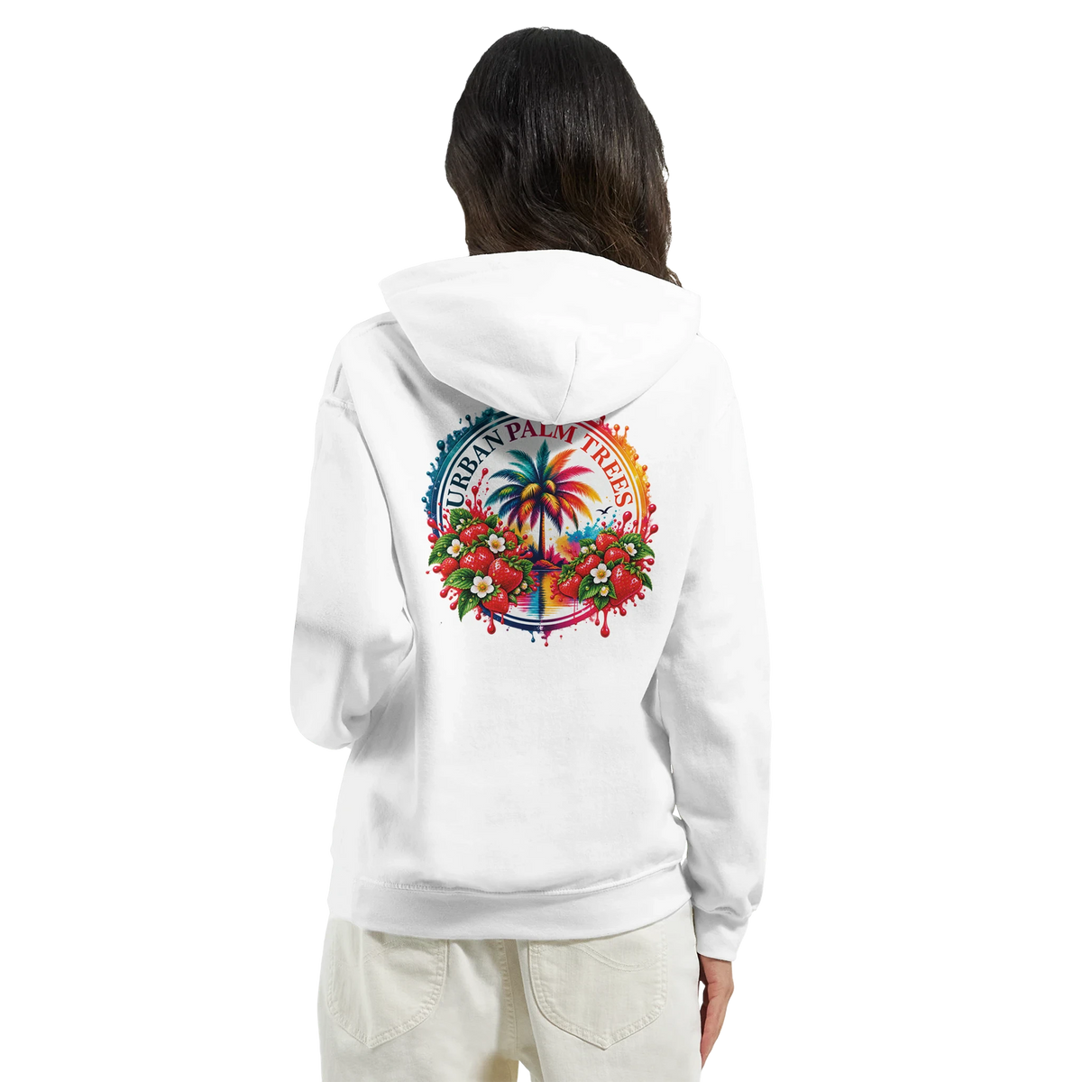 White hoodie featuring a vibrant retro back print of a palm tree encircled by strawberries and "Urban Palm Trees" text.