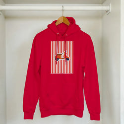 Red hoodie featuring a vintage mod style retro scooter graphic on a striped background for women's streetwear.