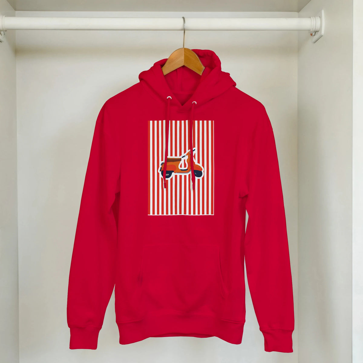Red hoodie featuring a vintage mod style retro scooter graphic on a striped background for women's streetwear.