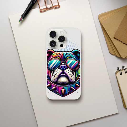 Vibrant bulldog wearing sunglasses on a clear slim iPhone case for iPhone 13–16