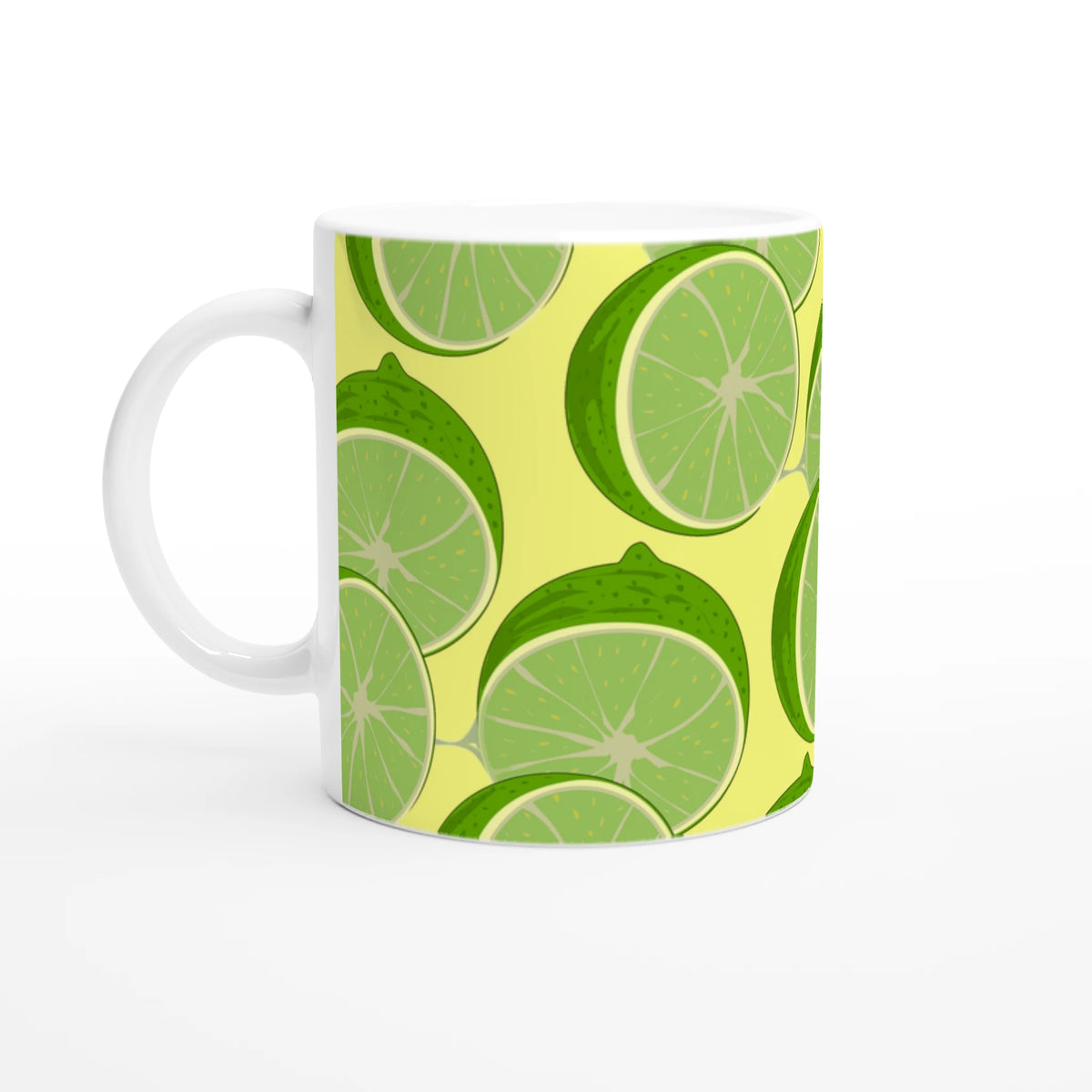 Lime slice pattern ceramic mug with bright citrus design and comfy grip.