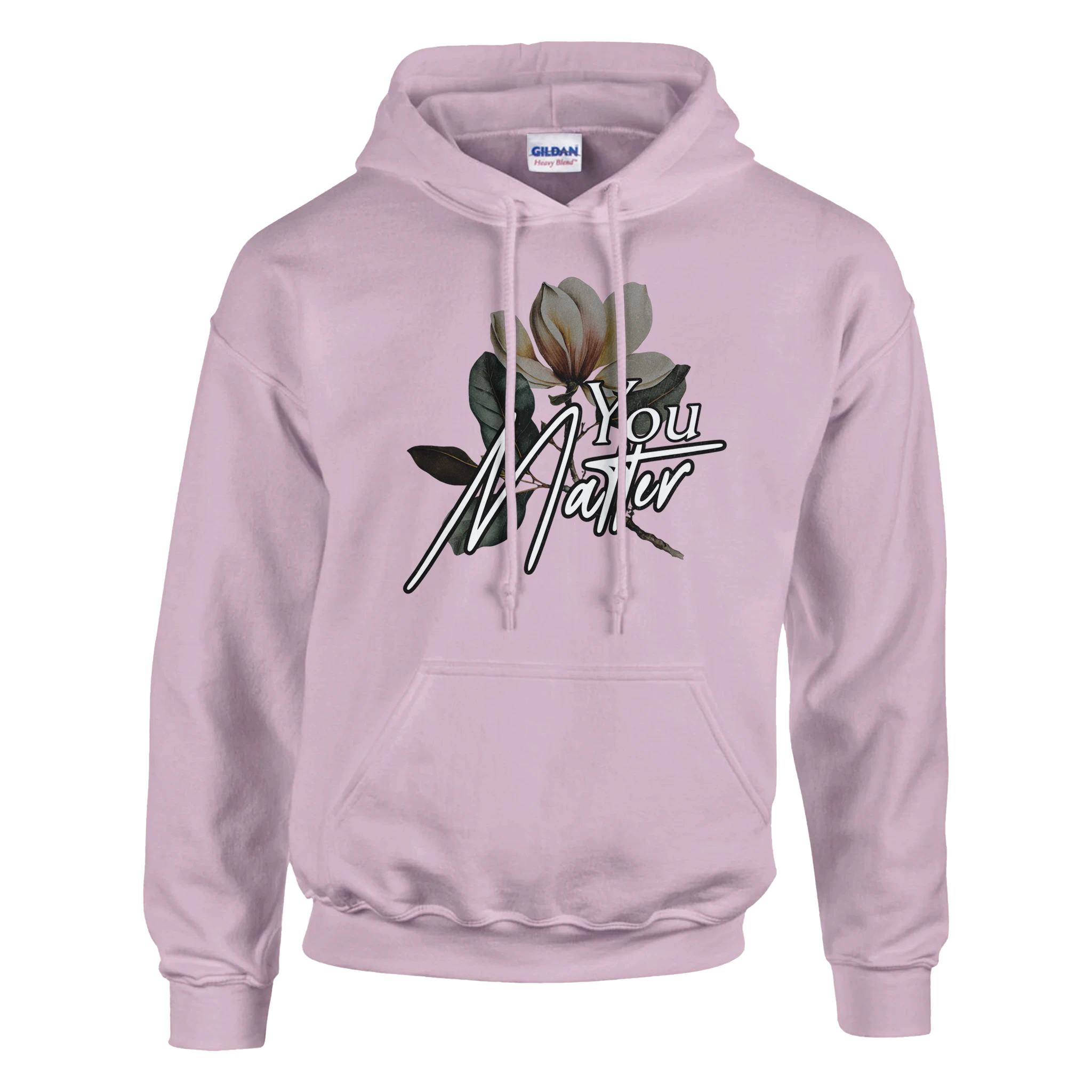 Pink women's graphic hoodie featuring You Matter slogan over a floral design, with a front pouch pocket.