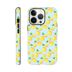 Cute lemon pattern phone case featuring fresh yellow lemons and green leaves on a light blue background for iPhone 13-16 protection.