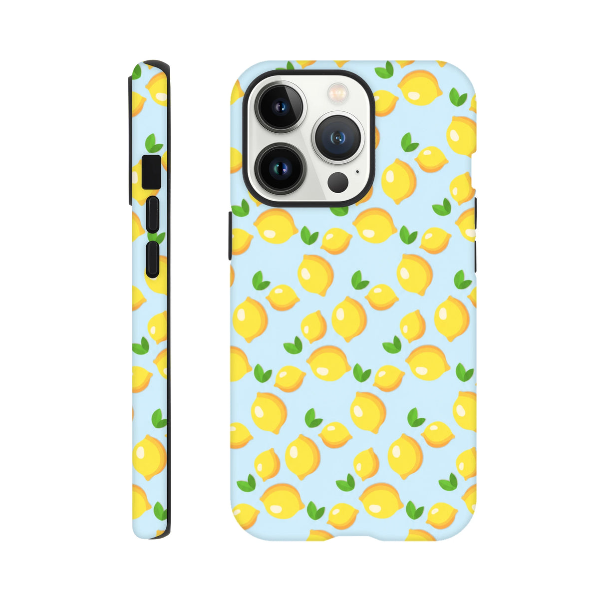 Cute lemon pattern phone case featuring fresh yellow lemons and green leaves on a light blue background for iPhone 13-16 protection.