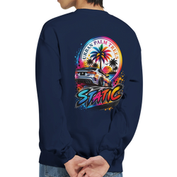 Navy petrolhead sweatshirt featuring colorful static slammed car graphic with palm trees and urban sunset design on the back.