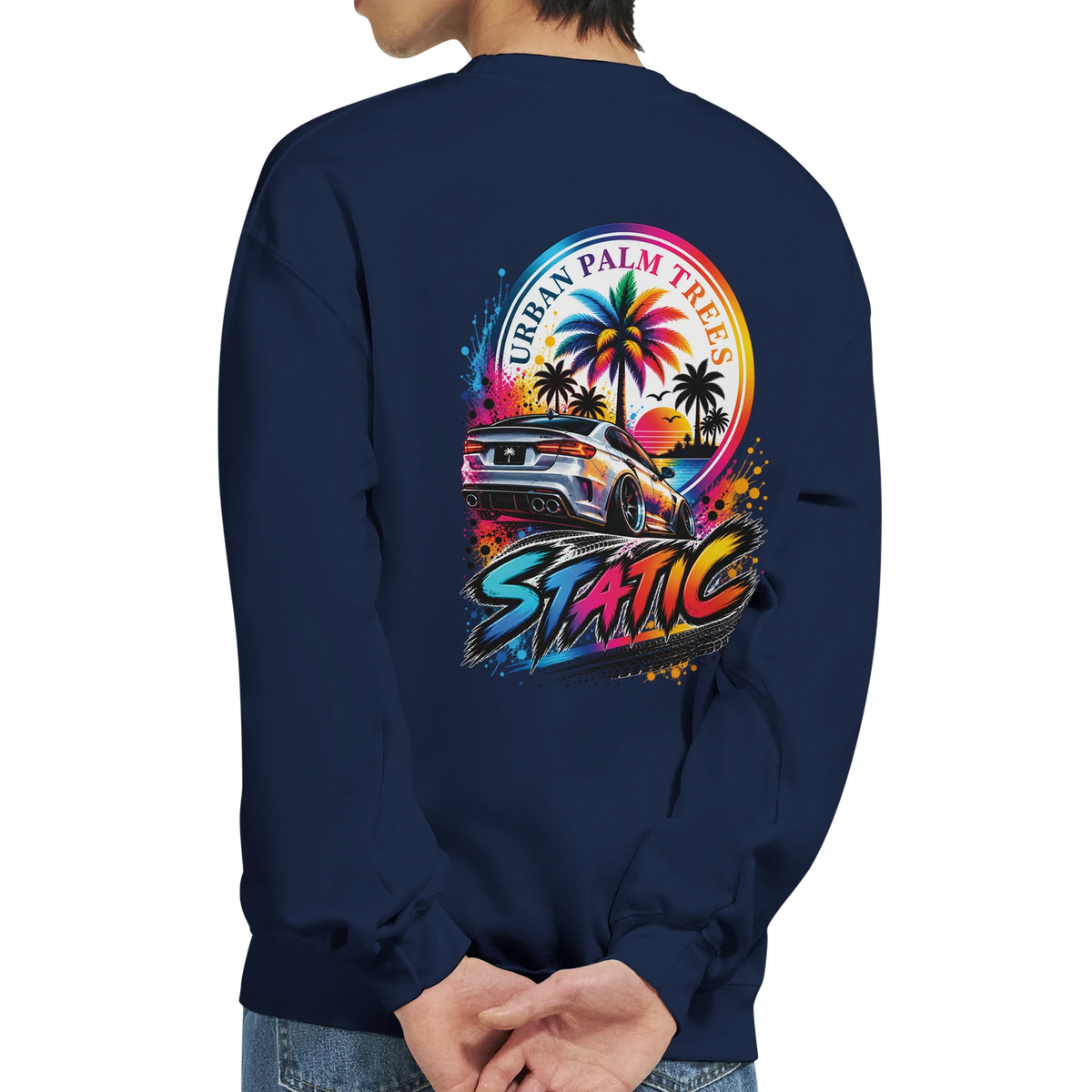 Navy petrolhead sweatshirt featuring colorful static slammed car graphic with palm trees and urban sunset design on the back.