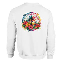 White sweatshirt back print featuring retro tropical sunset, palm tree, and colorful hibiscus flowers in a vibrant circular design.
