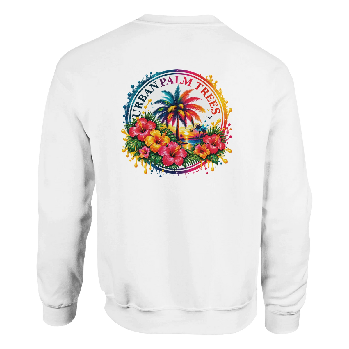 White sweatshirt back print featuring retro tropical sunset, palm tree, and colorful hibiscus flowers in a vibrant circular design.