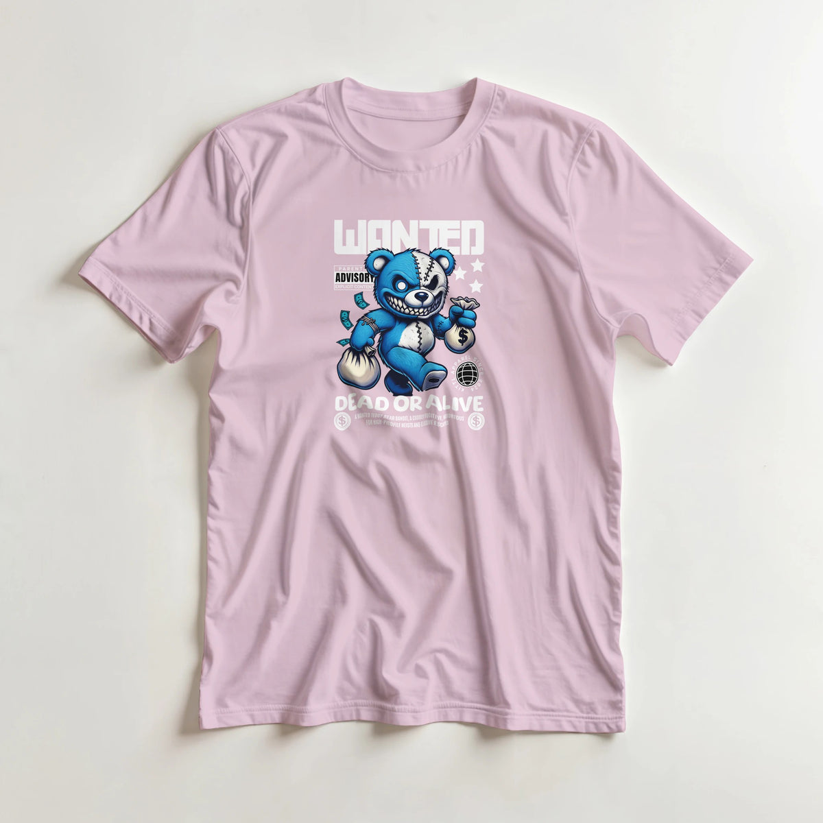 Pink men's cotton-blend T-shirt with blue teddy bear graphic and WANTED DEAD OR ALIVE text.