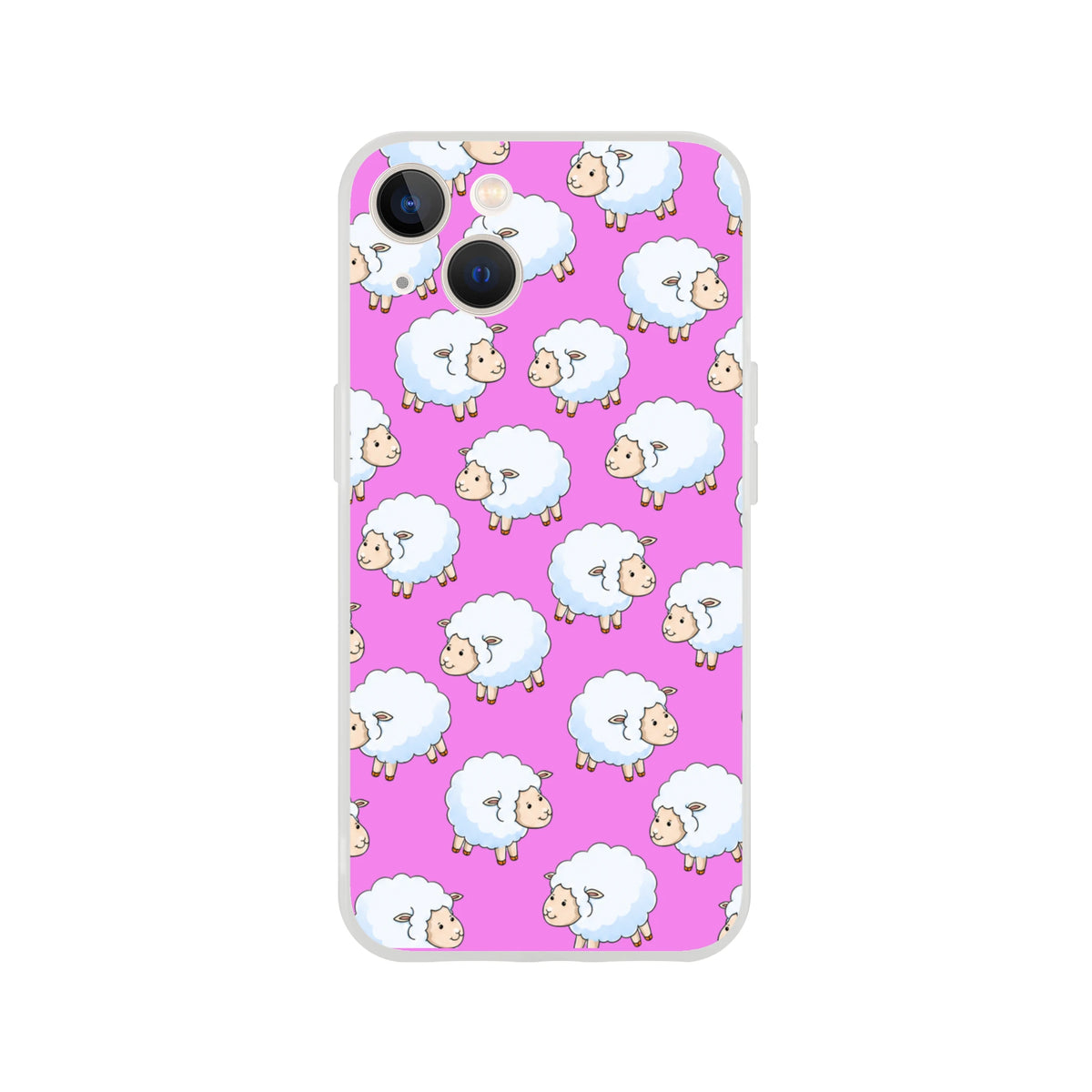 Pink iPhone case (13-16) featuring a cute white sheep pattern on a bright pink background