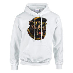 White men's grizzly bear hoodie with bold graphic of a bear wearing gold sunglasses and a chain.